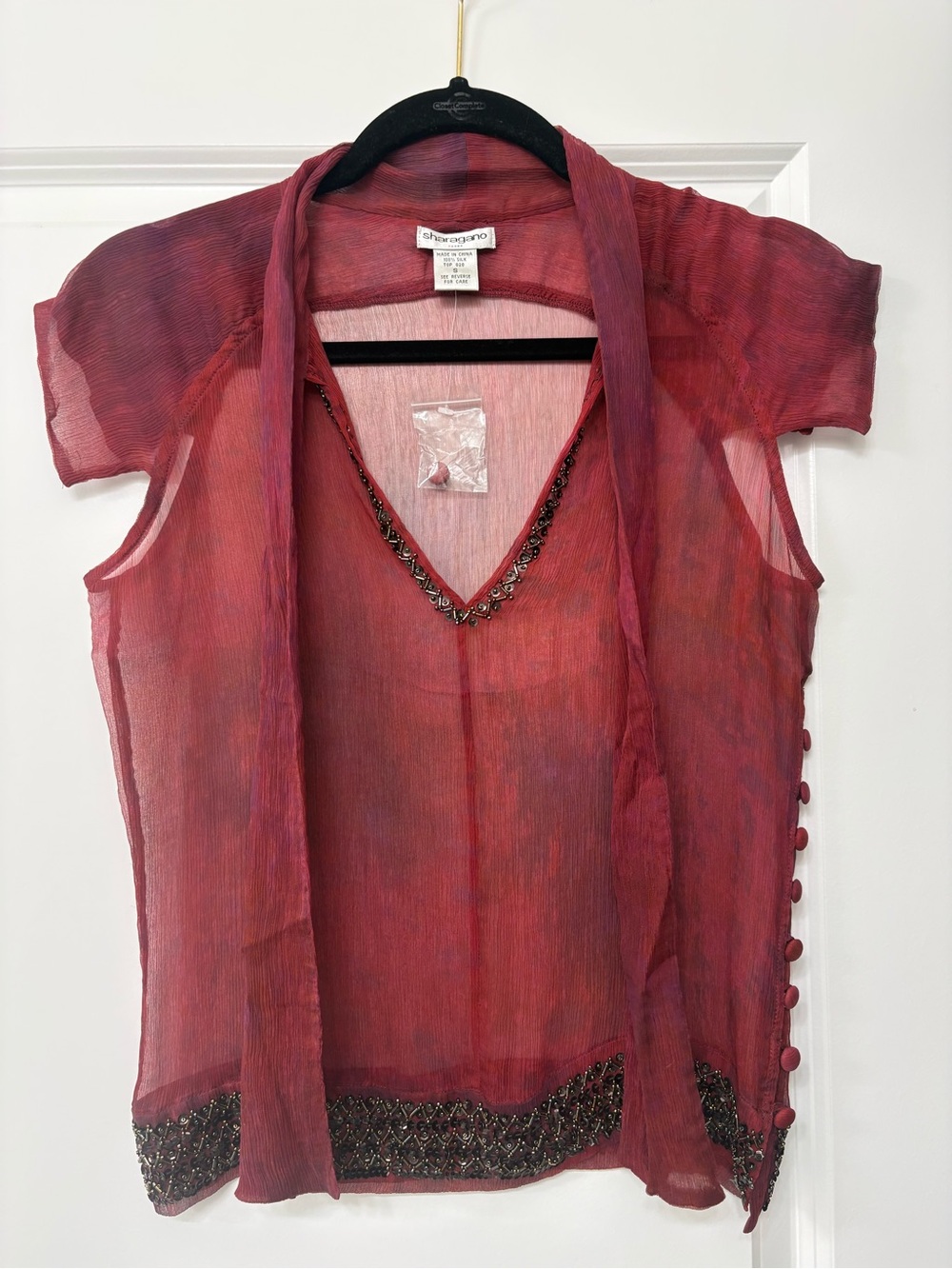 Sharagano Red Sheer Embellished V-Neck Blouse